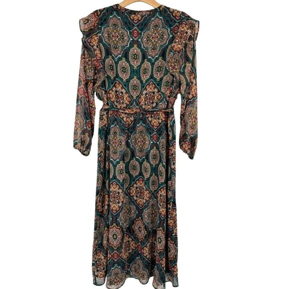 LOFT dress midi Womens Sz Large petite Boho medallion Patterned Belt Green long - Picture 9 of 12